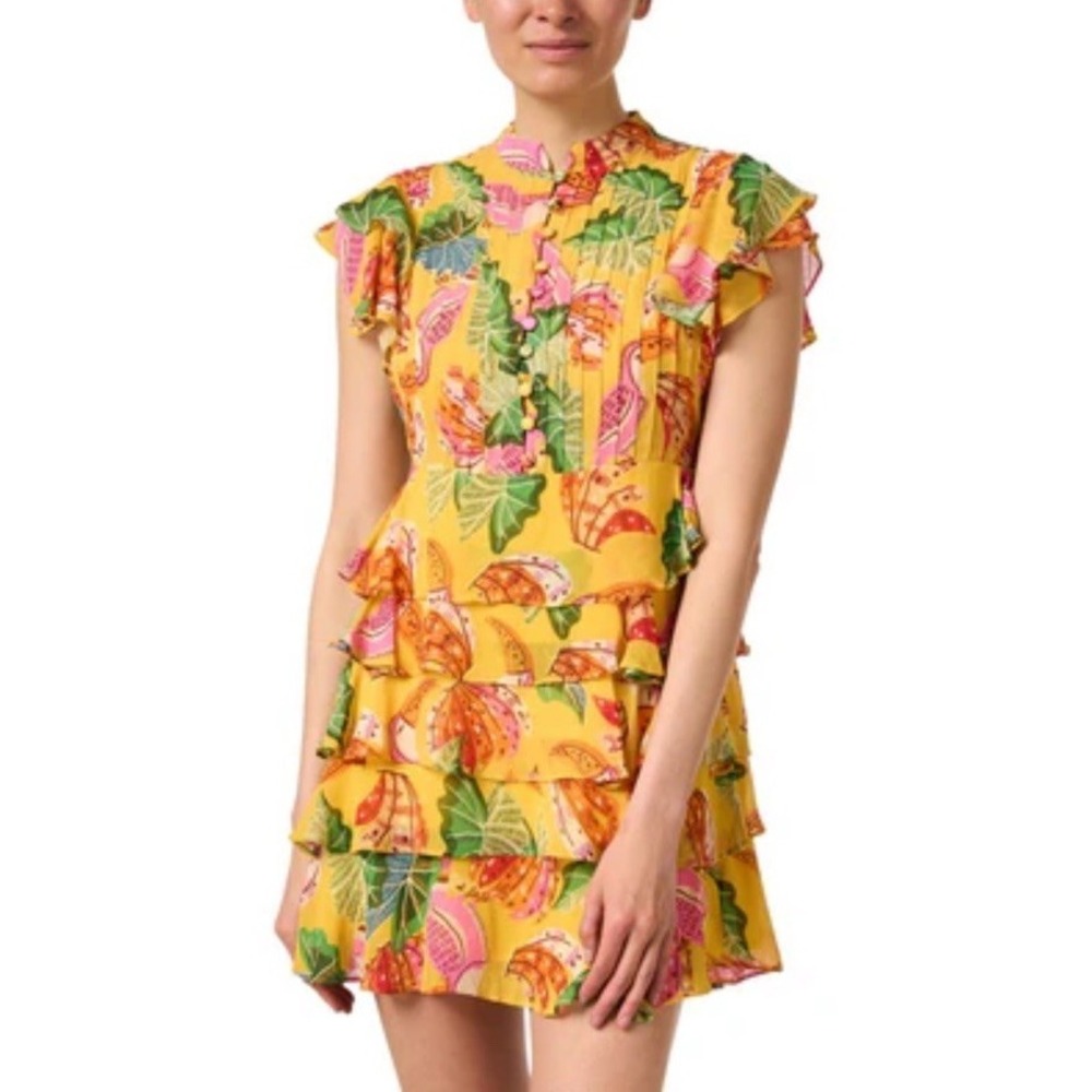 FARM RIO Beaks & Bananas Yellow Tropical Print Ruffle Mini Dress S Resort Toucan